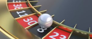 Casino roulette, ball stopped on black 8 number closeup. Gambling and betting. 3d illustration