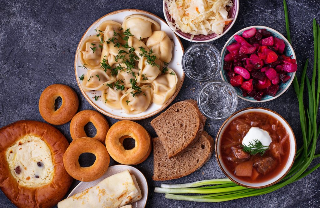Traditional Russian dishes, sweets and vodka