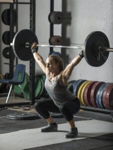 Young, strong, female weight lifter practicing snatch in weight room with heavy barbell.
